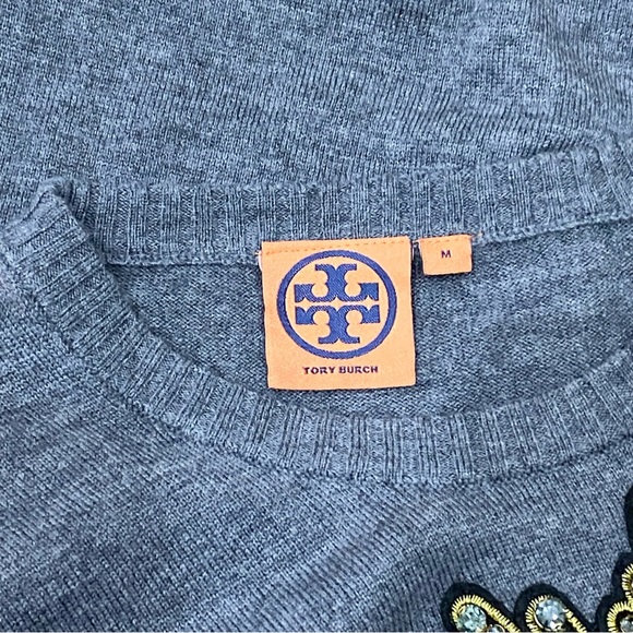 TORY BURCH Style 48123131 Wool Blend Knit Sweater with Rhinestones Patch Size M - Picture 10 of 11